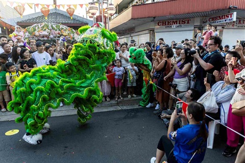 Crowd and lion during Cabramatta Lunar New Year 2025.