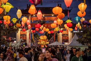 Freedom Plaza lanterns by night at Cabramatta Moon Festival 2025 photo by Ken Leanfore.