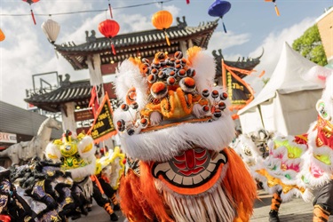 Jing Ye Lion Dance in Freedom Plaza at 2025 Cabramatta Moon Festival by Ken Leanfore.