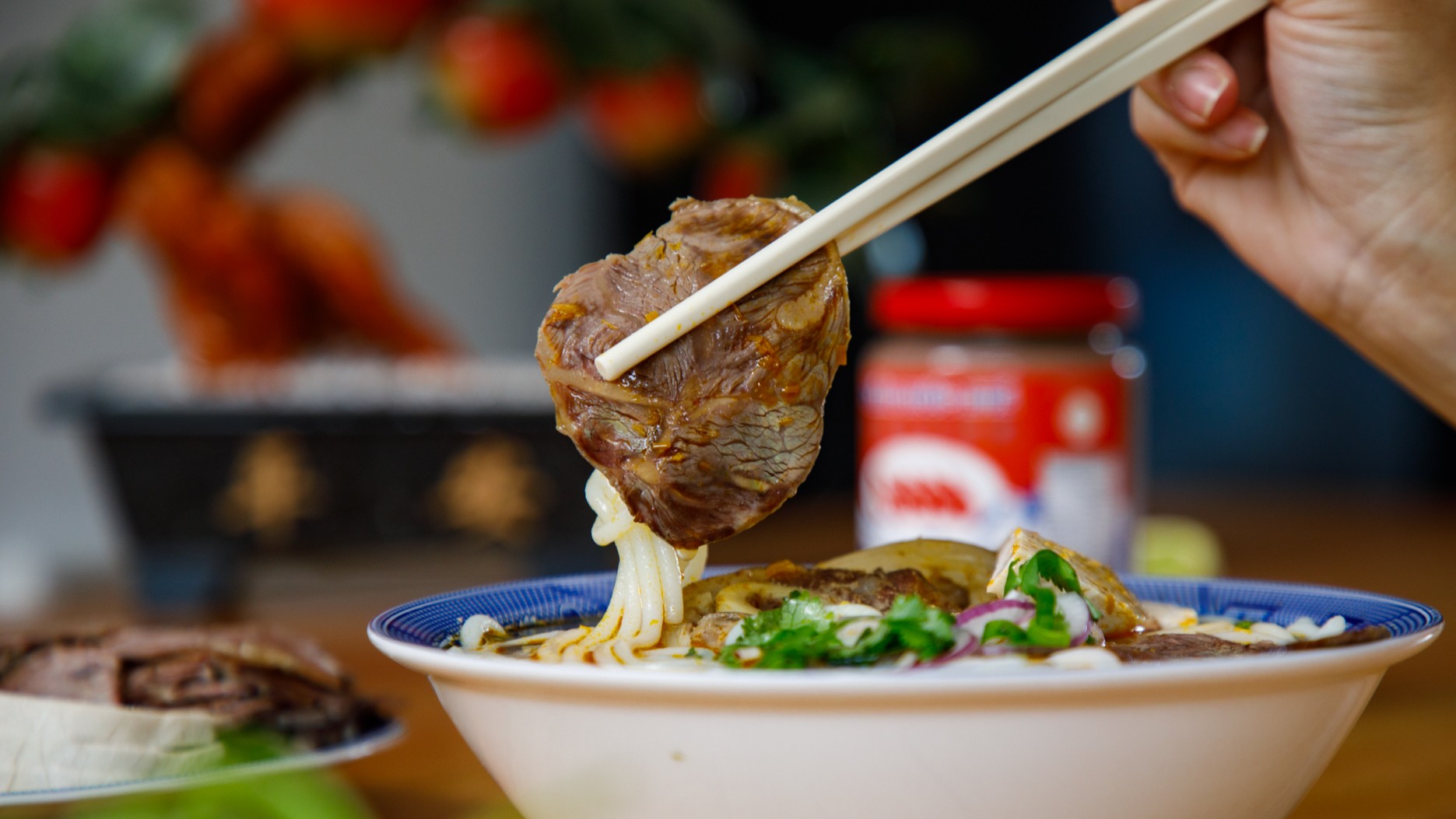 Bun Bo Hue by Duncan Lu close up of beef.