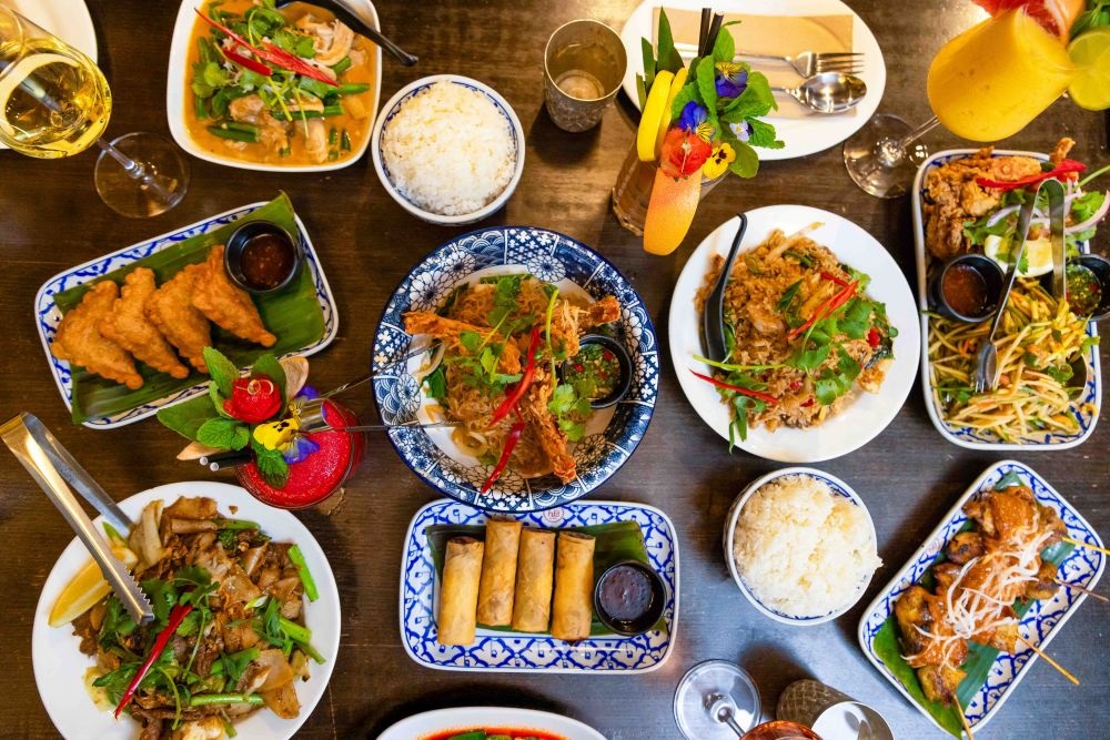 Aerial view of food spread on a dinig table